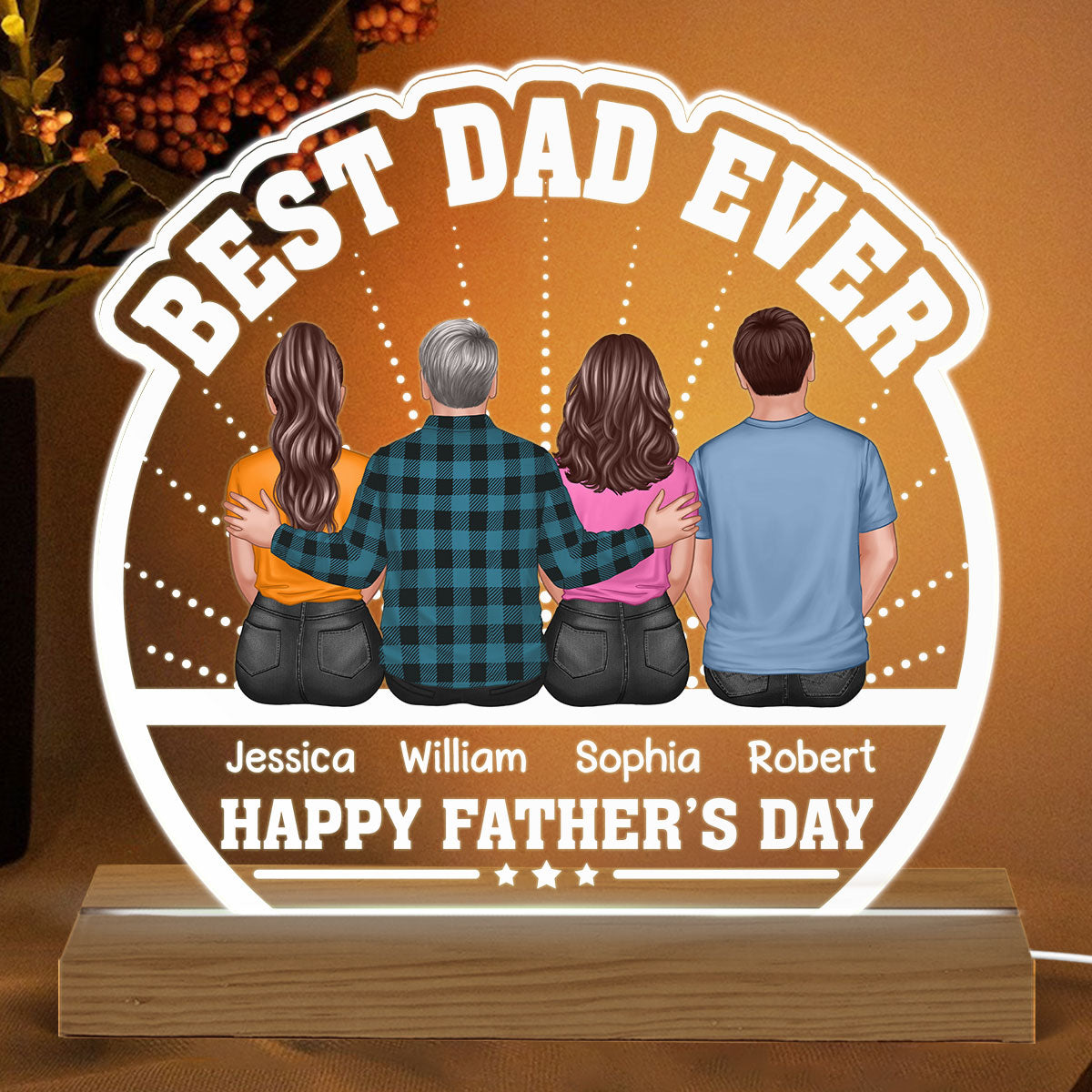 Best Dad Ever Back View Dad And Daughters Sons Sitting Personalized Custom Shape Acrylic Plaque Warm LED Night Light