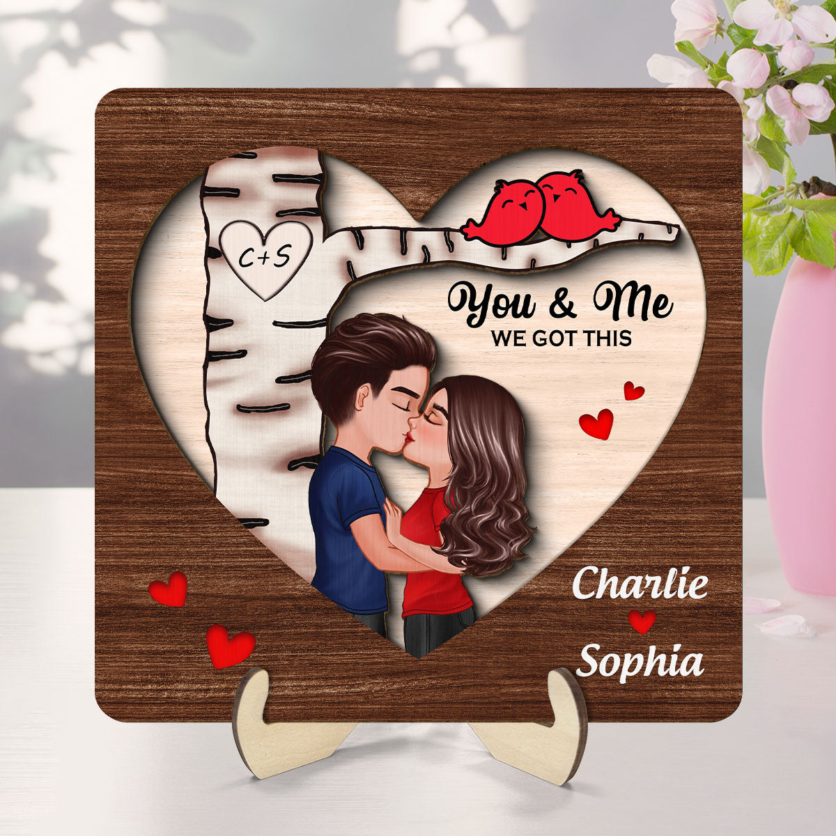 Couple Kissing Under Tree With Love Birds Personalized 2-Layer Wooden Plaque