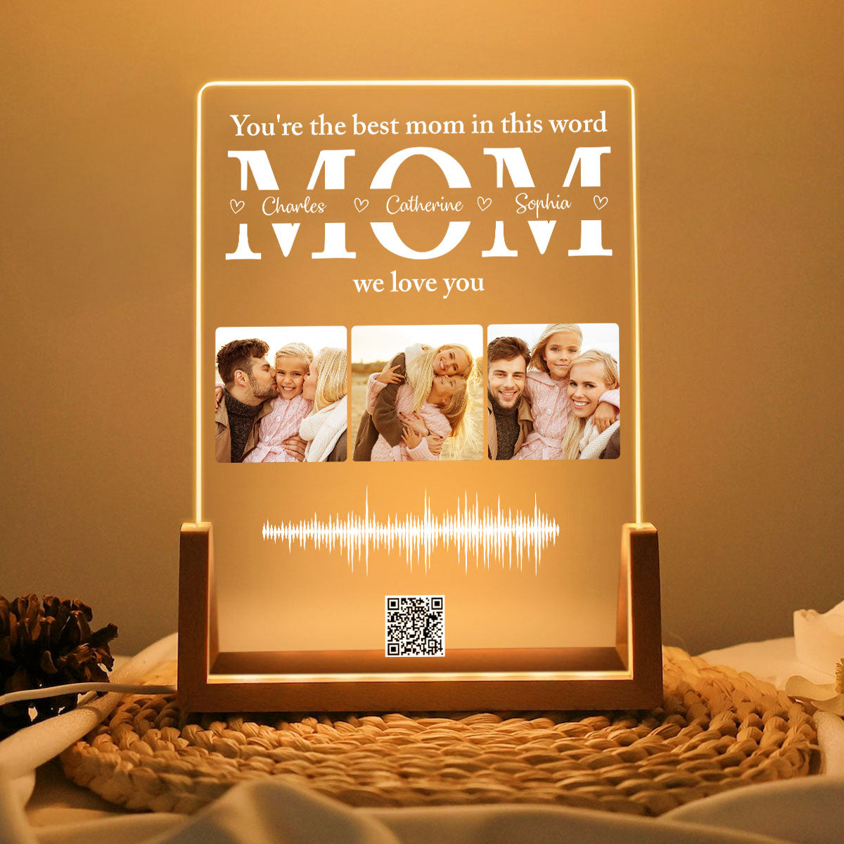 Personalized Photo LED Night Light, Voice Recording Sound Wave, Gift for Mom, Custom Your Heartfelt Voice Message for her