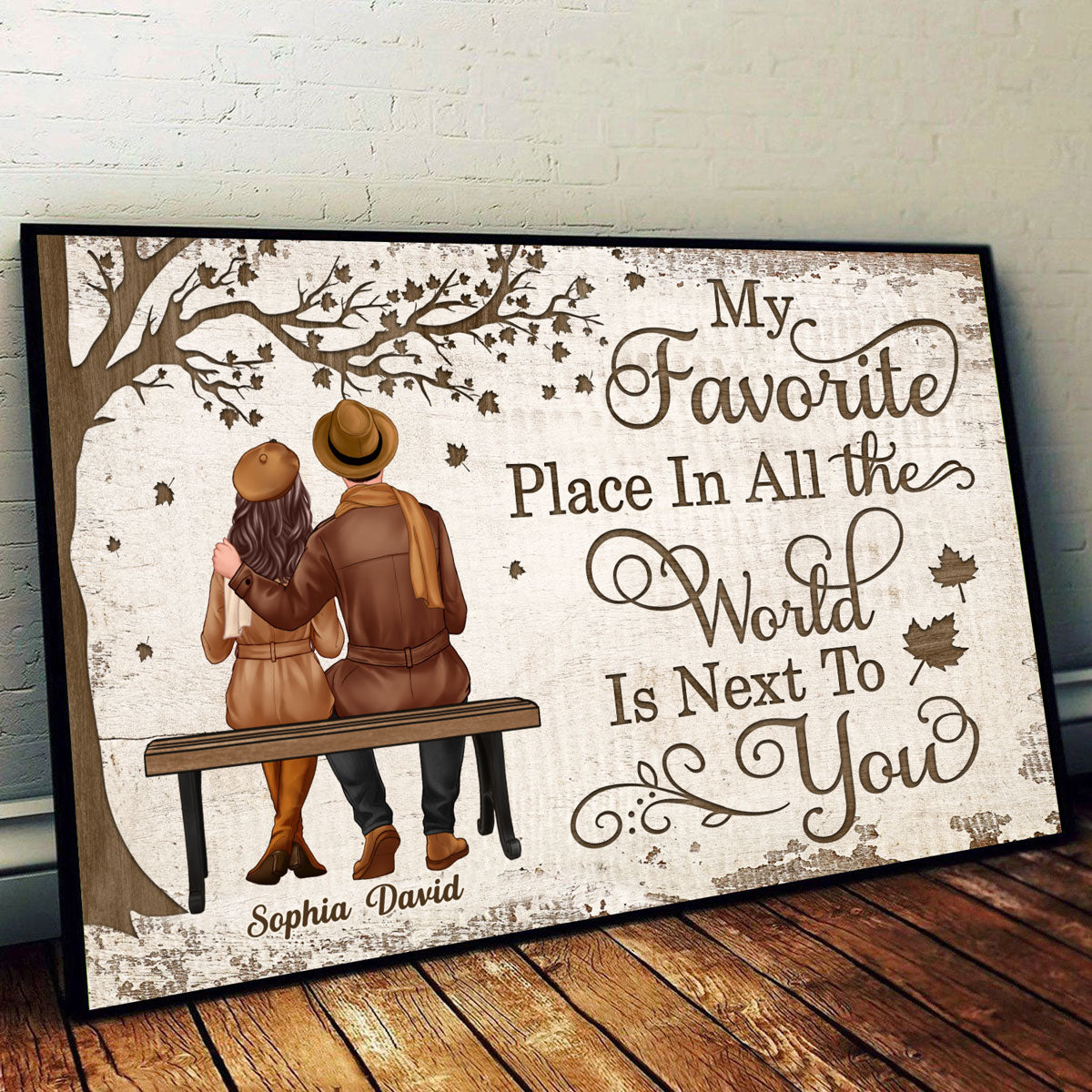 Fall Season Couple Sitting Under Wooden Tree Personalized Horizontal Poster