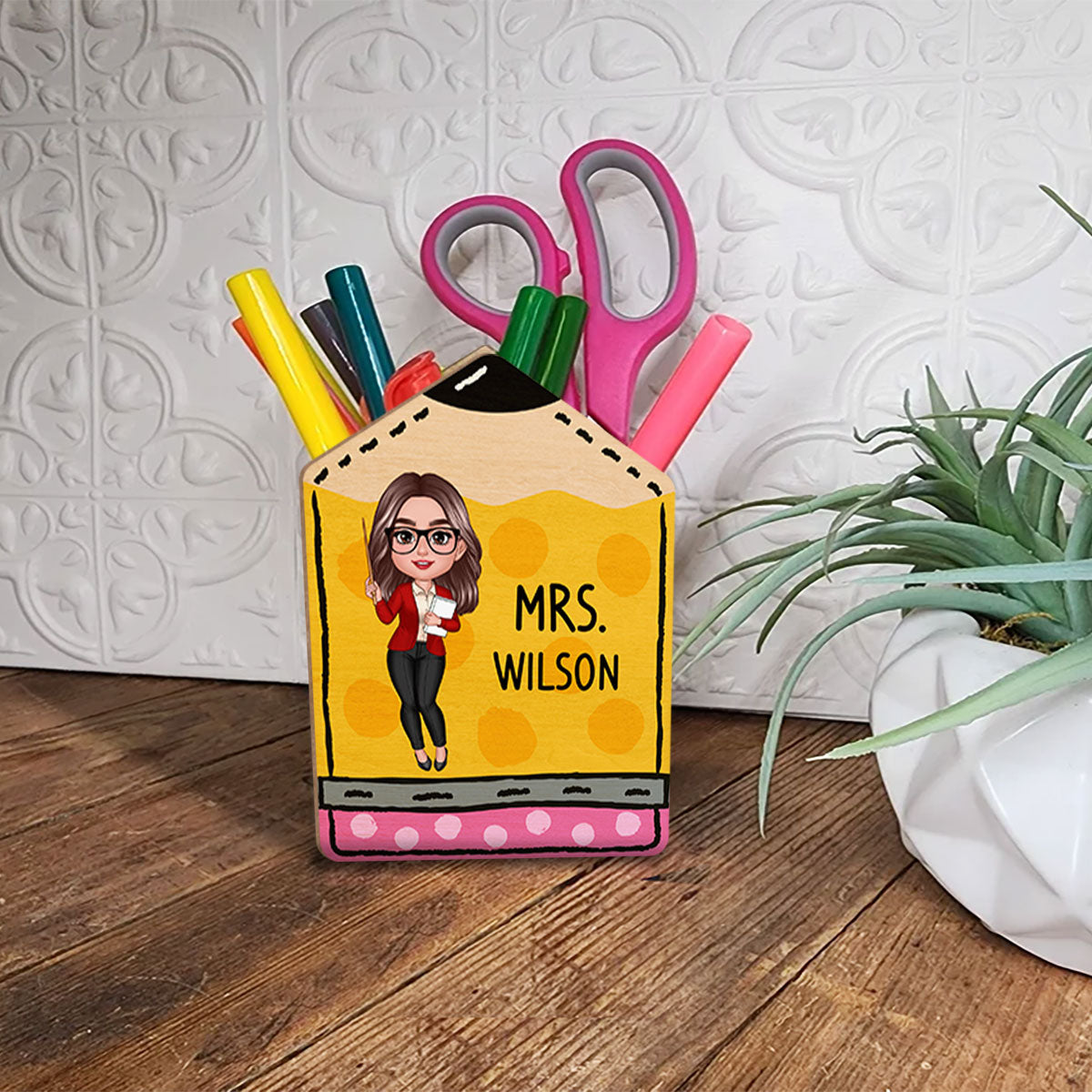 Doll Teacher Vertical Pencil Personalized Pen Pencil Holder, Back To School Gift