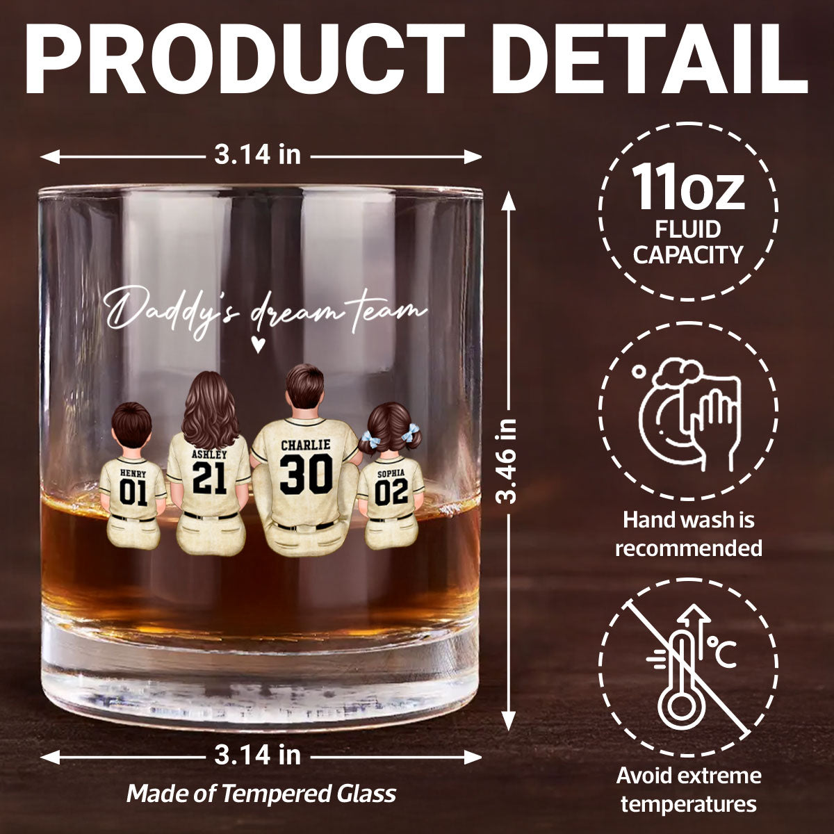 Retro Vintage Baseball Daddy's Dream Team Personalized Wine Glass, Father's Day Gift for Dad