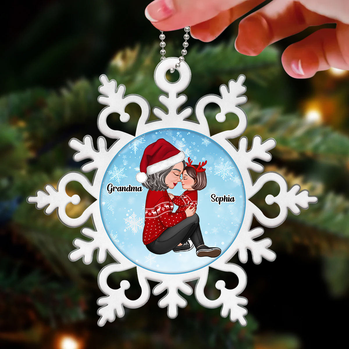 Grandma Holding Grandson Granddaughter In Snowflake Personalized Acrylic Ornament