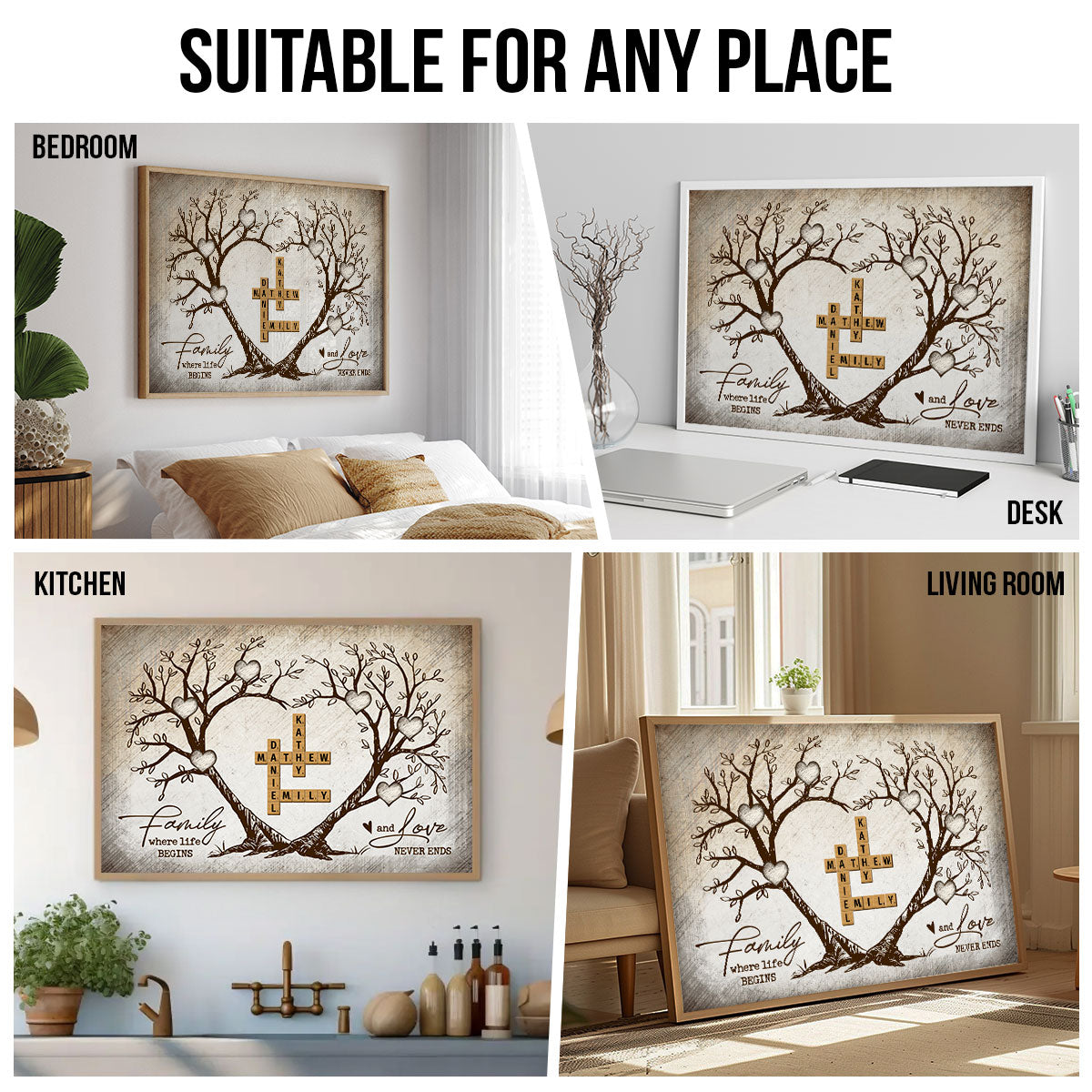 Family Heart Tree Crossword Puzzle - Created In A Moment, Treasured Forever - Personalized Poster - Gift For Family, For Husband, Wife