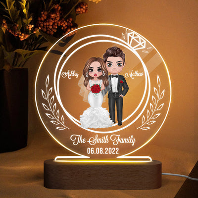 Groom Bride Couple Ring Personalized Circle Plaque LED Night Light - Wedding Anniversary Gift
