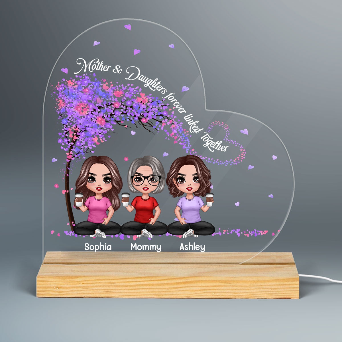 Doll Mother Daughters Under Tree Personalized Heart Shaped Acrylic Plaque With LED Night Light
