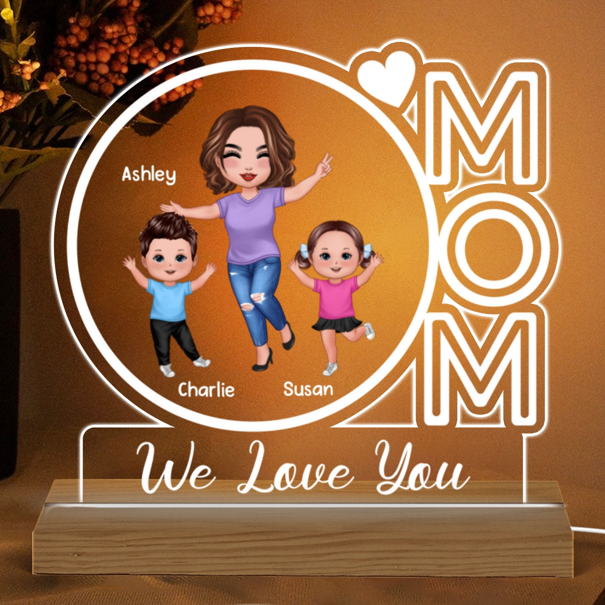 MOM We Love You Happy Woman & Kids Personalized Custom Shape Acrylic Plaque With Warm LED Night Light