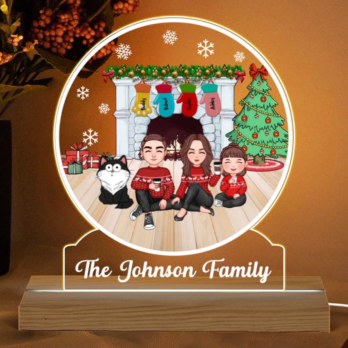 Family Sitting By The Fireplace Personalized Acrylic Custom Shape LED Night Light