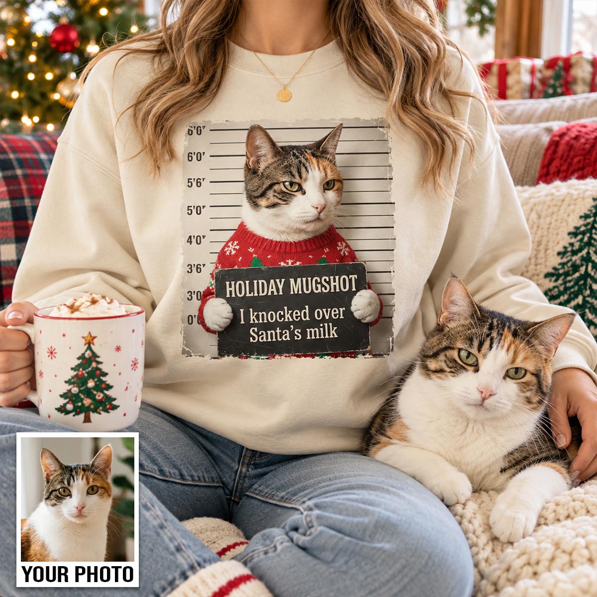 Funny Pet Holiday Mugshot Upload Pet Photo - Personalized Shirt - Iconic Christmas Gift For Pet Lovers