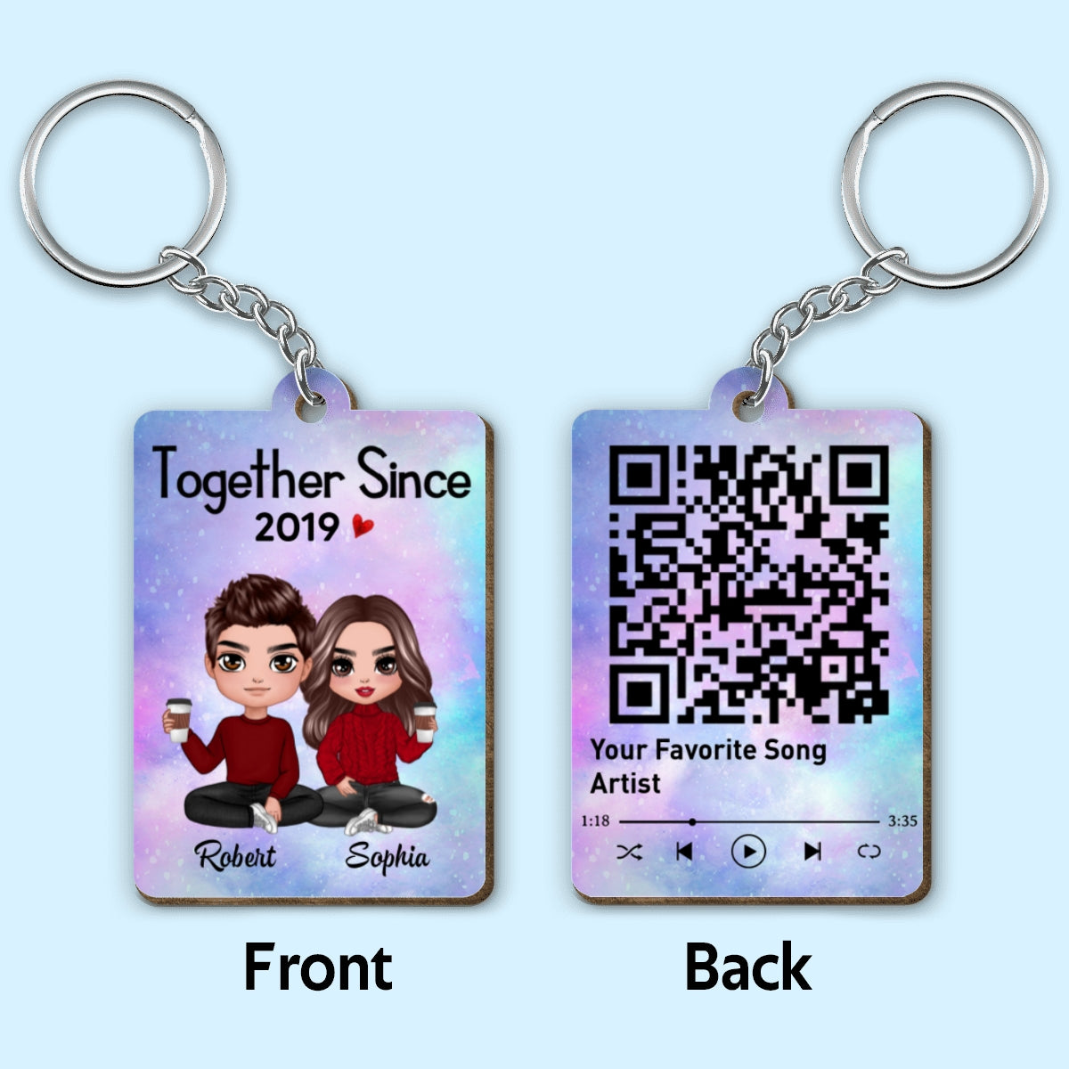 Doll Couple Sitting Together Since Favorite Song Scannable QR Code Personalized Wooden Keychain