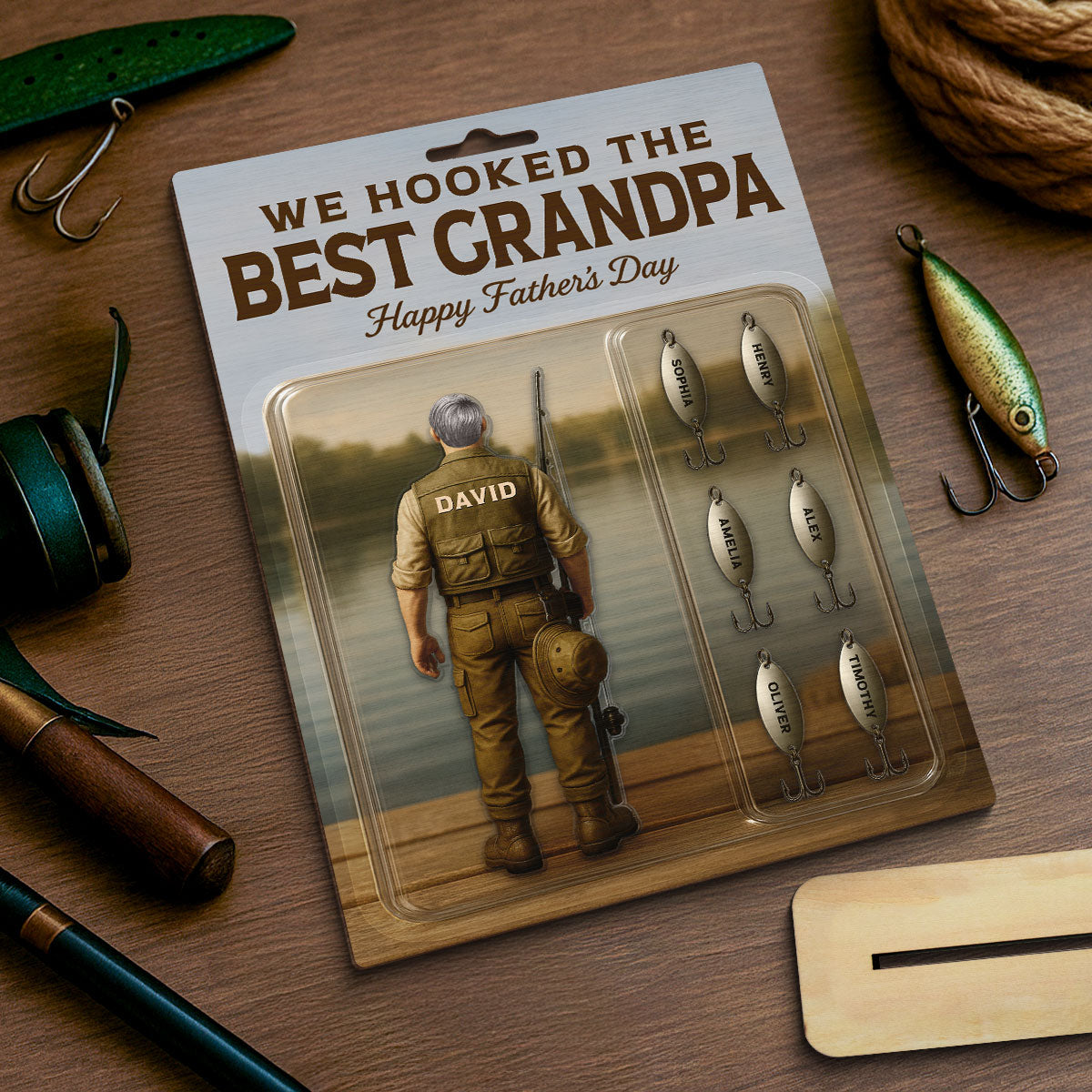 We Hooked The Best Dad Grandpa Fishing With Kids' Names Custom Figure Personalized Standing Wooden Plaque, Perfect Father's Day Gift For Fishing Dad, For Husband, For Grandpa