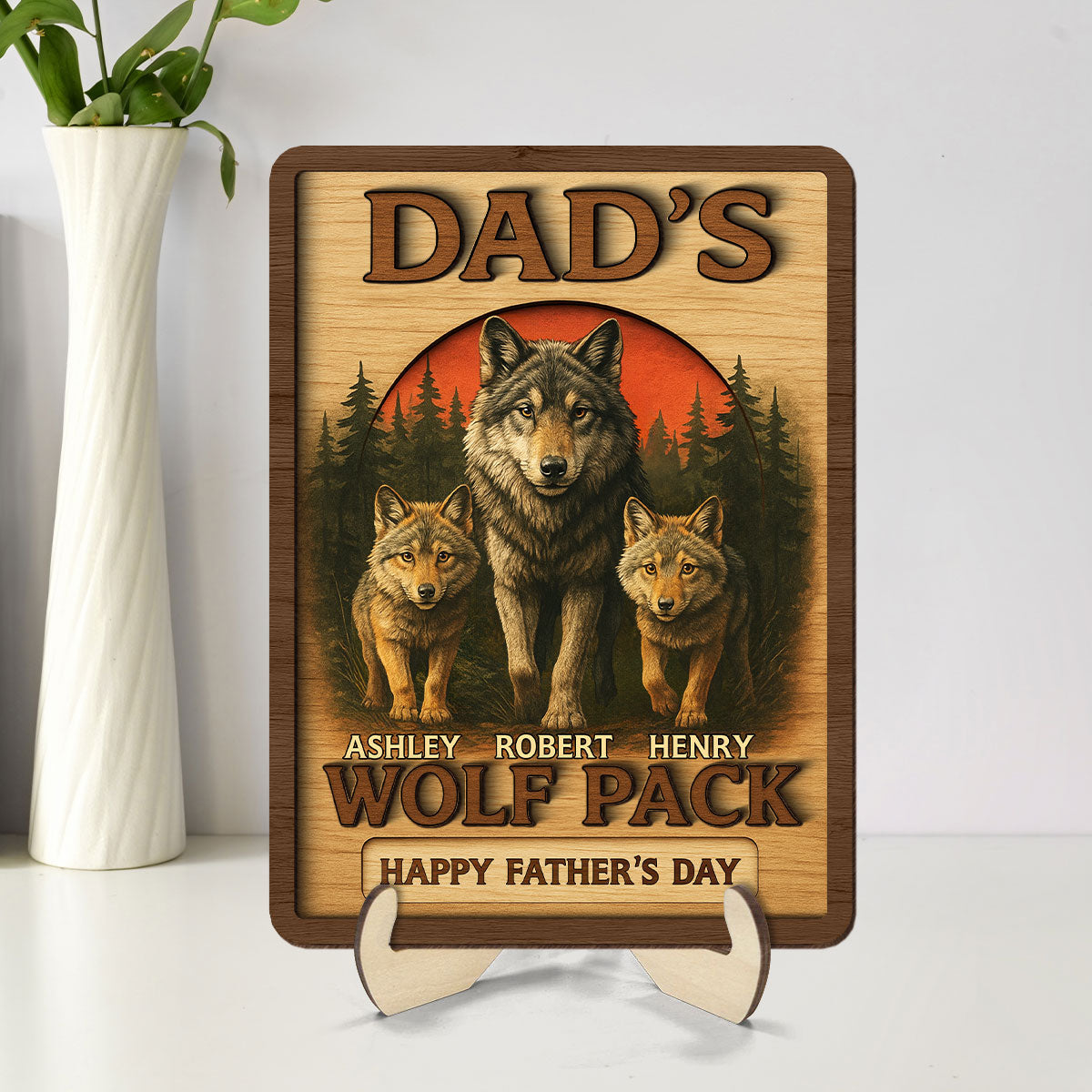 Dad's Wolf Pack Personalized 2-Layered Wooden Plaque, Father's Day Gift for Dad