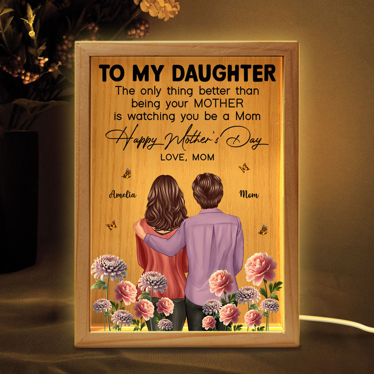 To My Daughter From Mom Happy Mother's Day Birth Flower Personalized Wooden Frame LED Light Box, Gift For Daughter