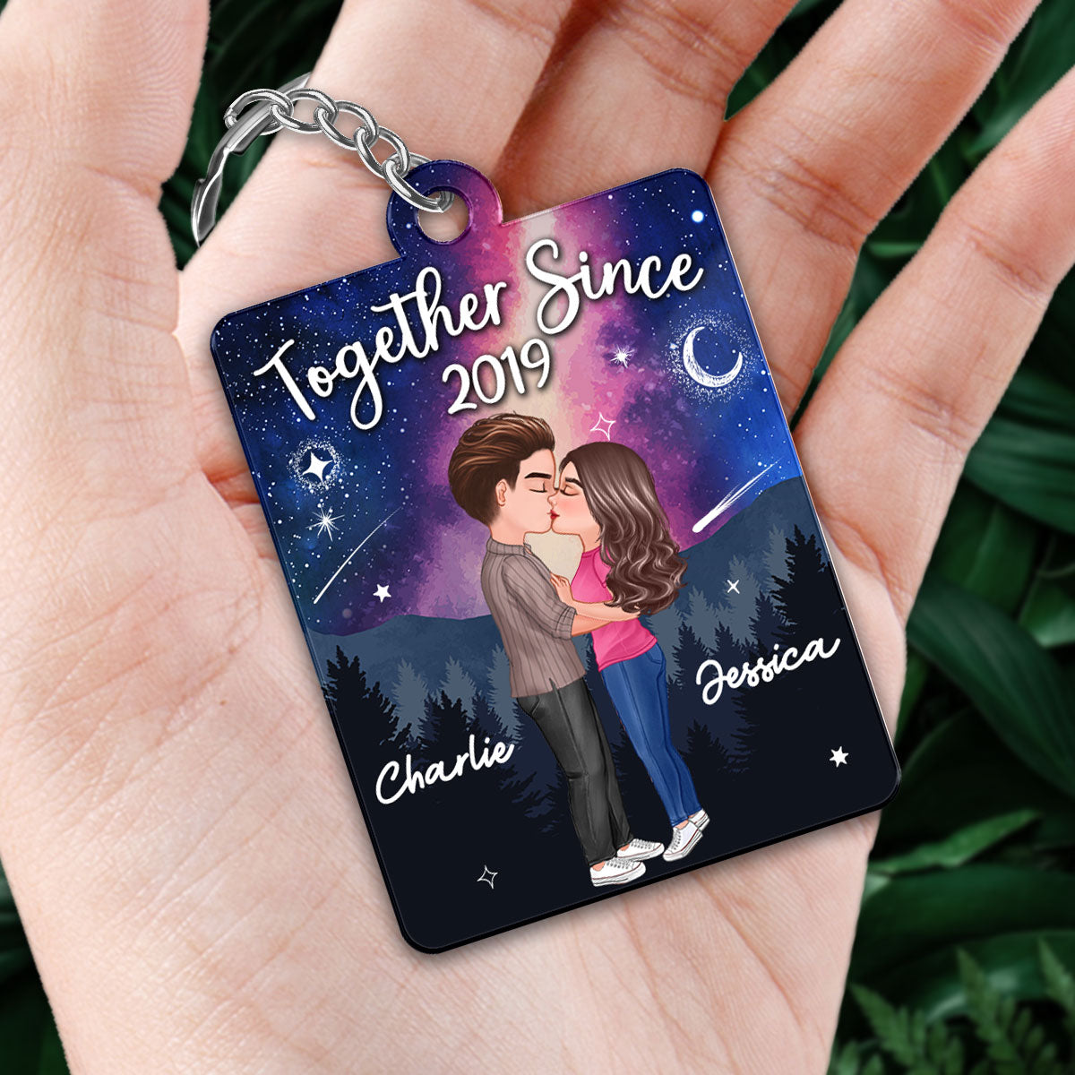 Doll Couple Kissing In Galaxy Night Favorite Song Scannable QR Code Personalized Acrylic Keychain