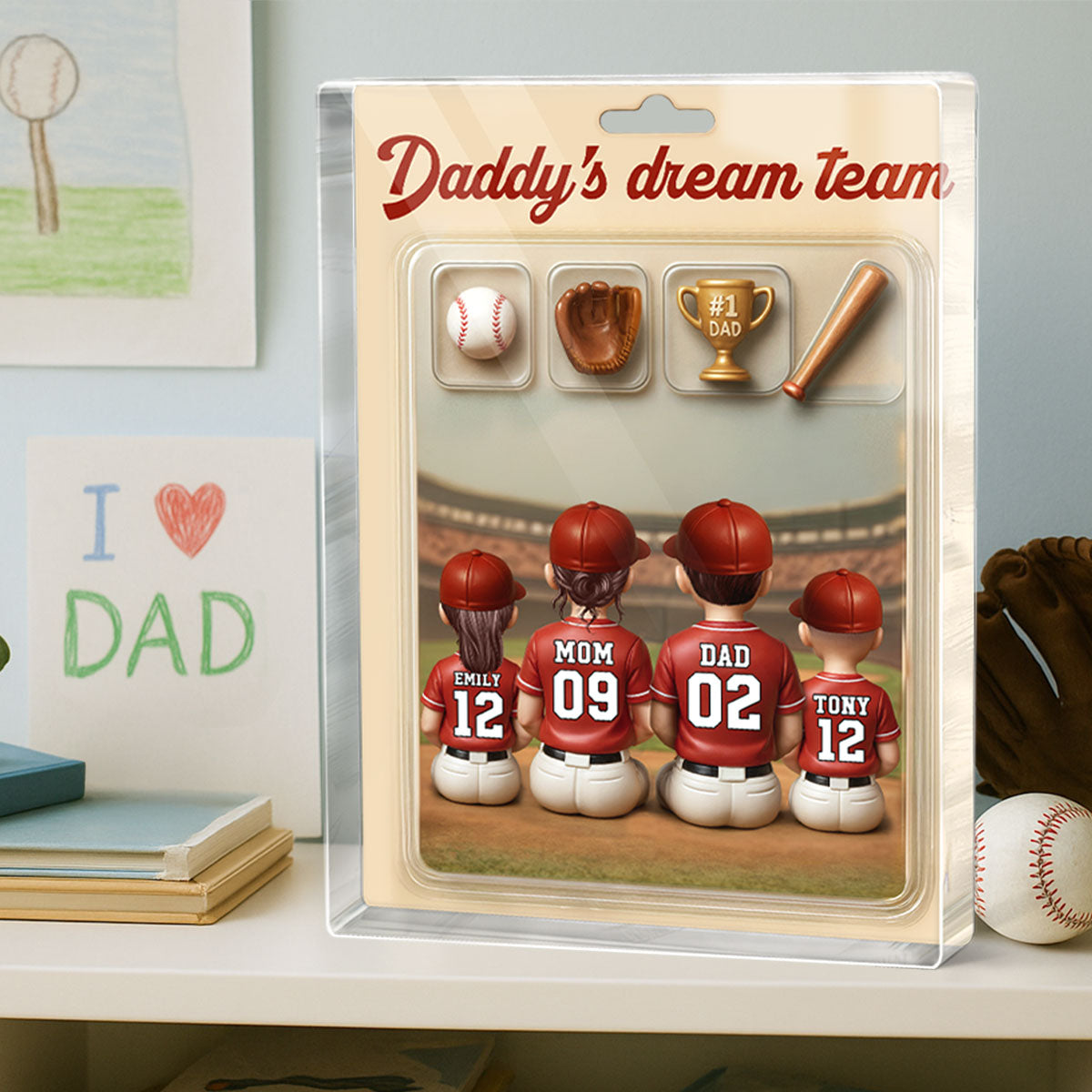 3D Effect Custom Figure Baseball Family Daddy's Dream Team Personalized Rectangle Acrylic Block Plaque