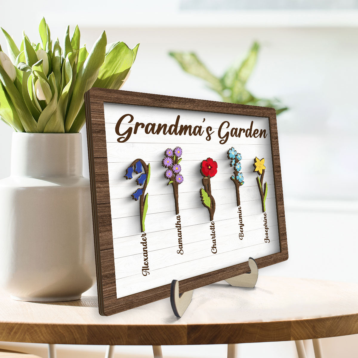 Grandma Mom Birth Month Flowers Simple Personalized 2-layer Wooden Plaque