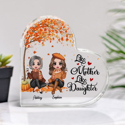 Fall Season Doll Mom Daughters Sitting Under Tree Personalized Acrylic Heart Plaque