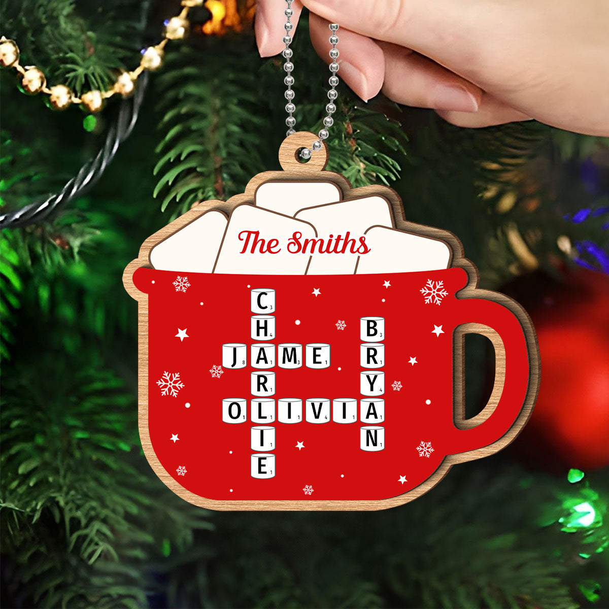 Hot Cocoa Christmas Family Marshmallows Personalized 2-Layer Wooden Ornament