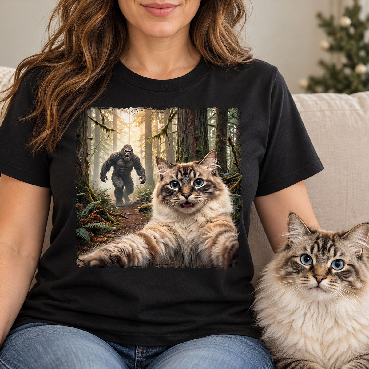 Custom Bigfoot Running After Dog Photo - Personalized Shirt - Christmas Gift for Dog Dads, Dog Moms, Pet Lovers