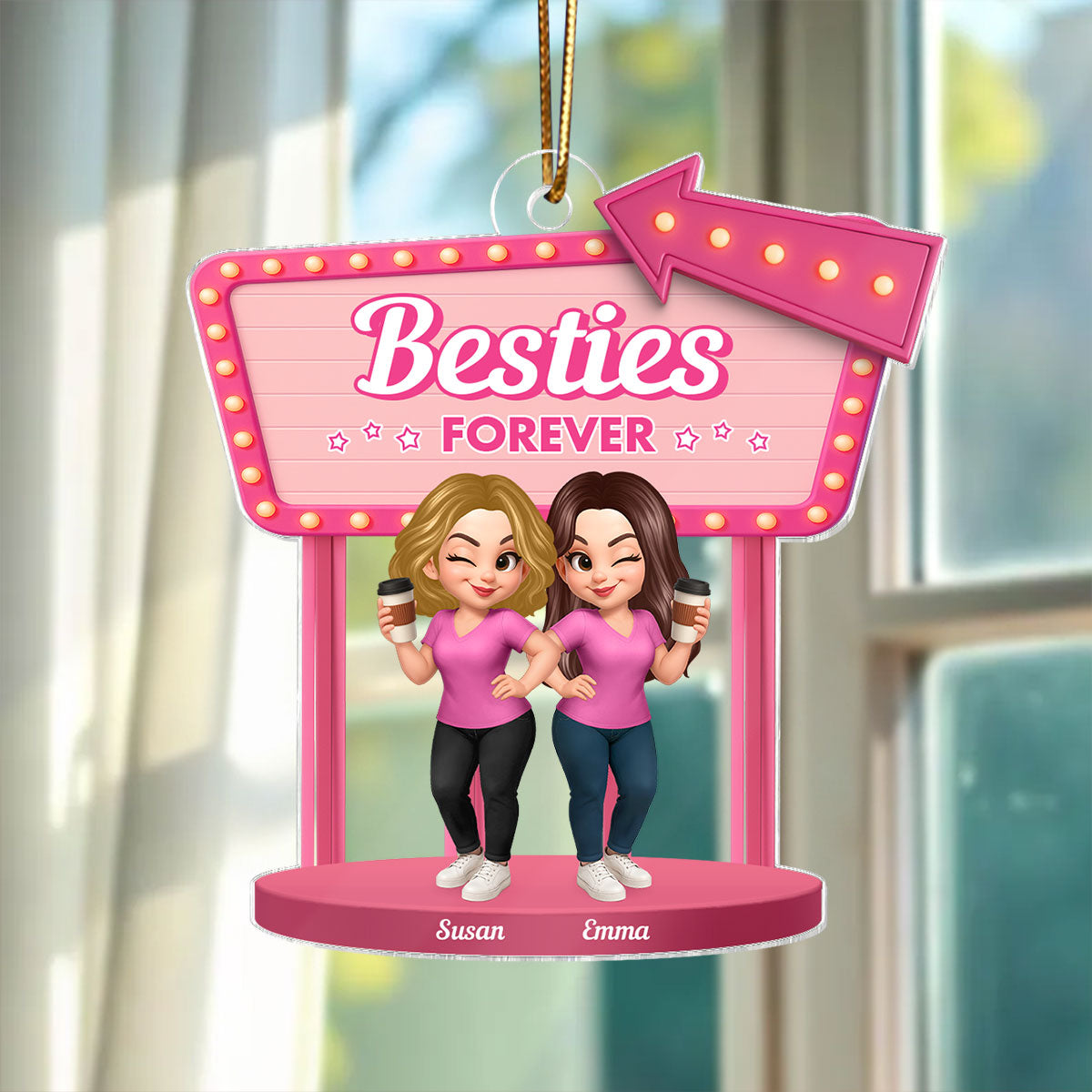 Besties Sisters 3D Effect Pink Sign Personalized Acrylic Ornament