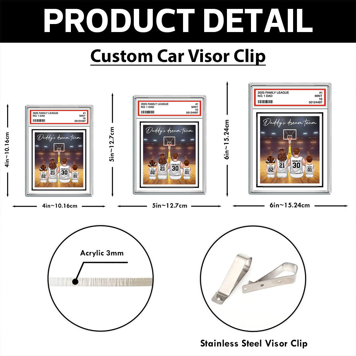 Basketball No. 1 Dad Man & Kids Sitting Trading Card Style Personalized Acrylic Car Visor Clip