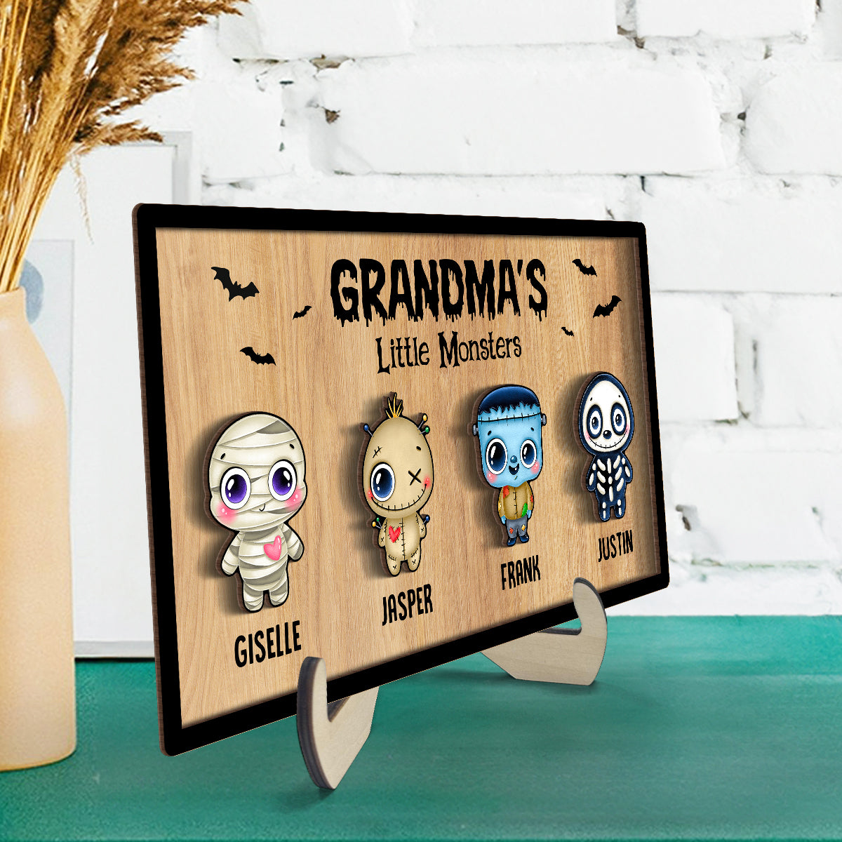 Grandma Mom Little Monsters Personalized 2-Layer Wooden Plaque, Halloween Decor