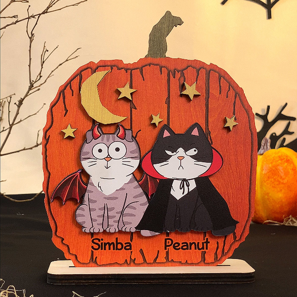 Halloween Funny Cats Pumpkin Shaped Personalized 2-Layer Standing Wooden Plaque, Spooky Halloween Tabletop, Tiered Tray, Shelf Sitter Decoration