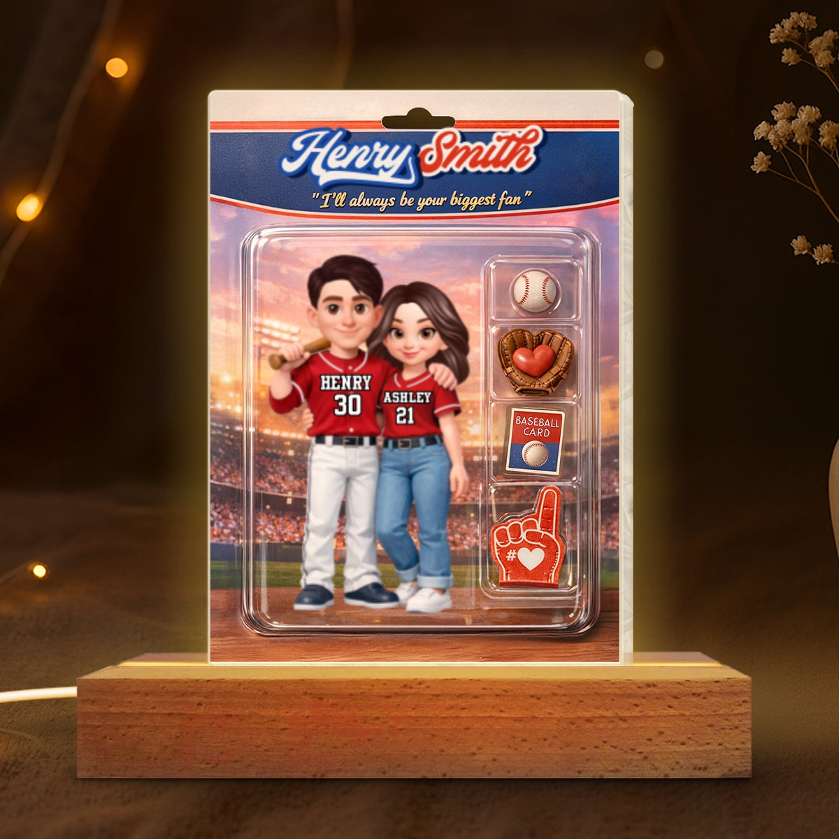 Baseball Couple I'll Always Be Your Biggest Fan Custom Action Figure - Personalized Acrylic Block LED Night Light - Sentimental Gift for Him