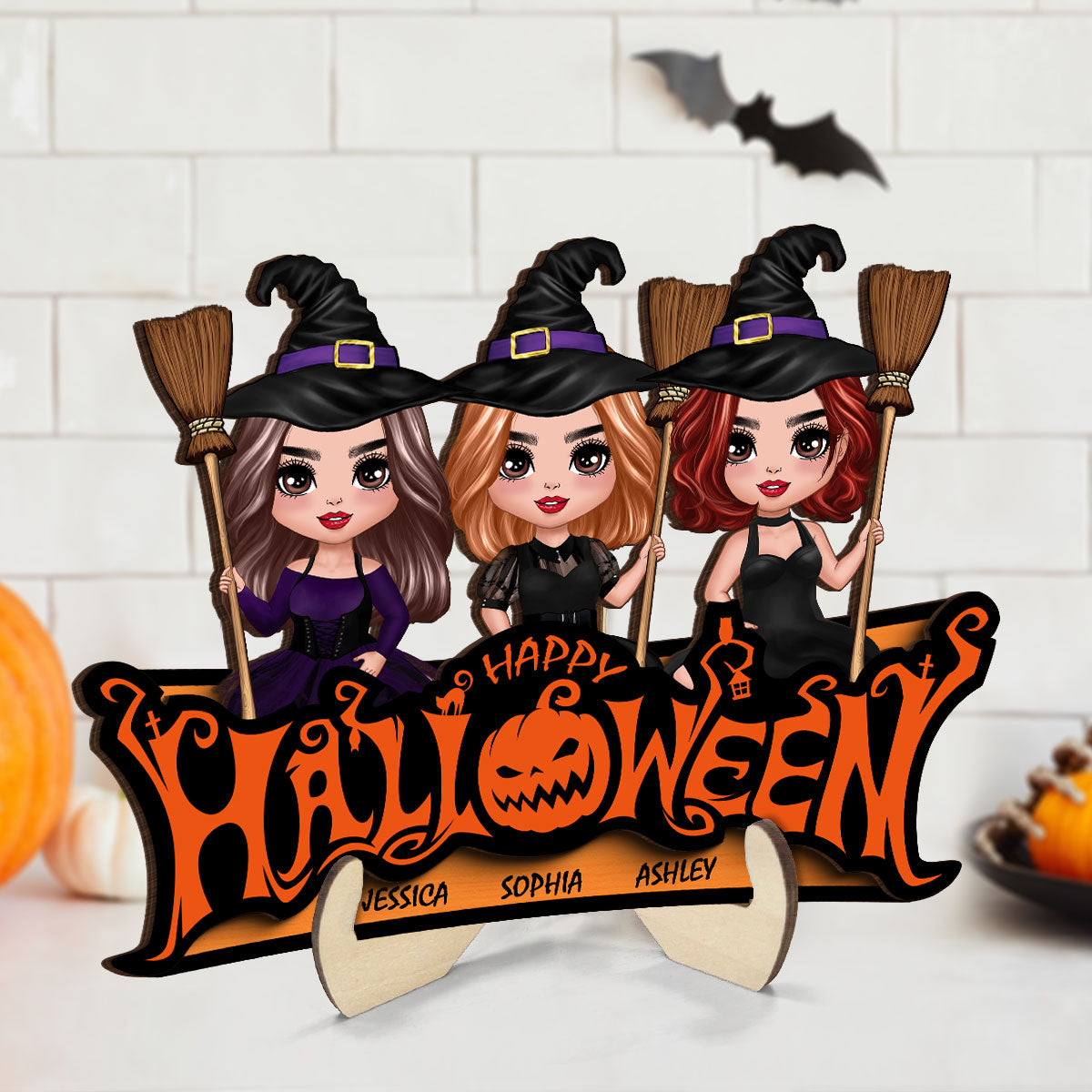 Besties Happy Halloween Jack O Lantern Spooky, Personalized 2-Layered Wooden Plaque, Gift For Best Friends, Sisters