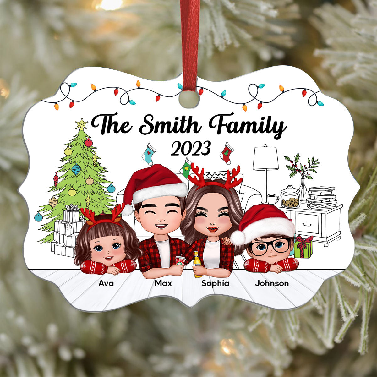 Christmas Outline Background Whole Doll Family Kids Dogs Cats Personalized Christmas Ornament