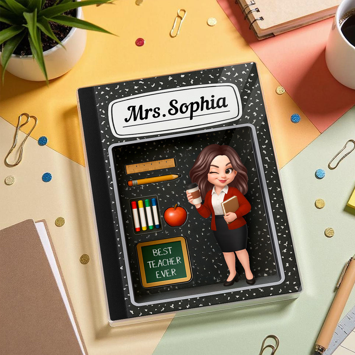 Teacher Inside Composition Book Pattern Box 3D Effect Personalized Acrylic Block, Back To School Gift