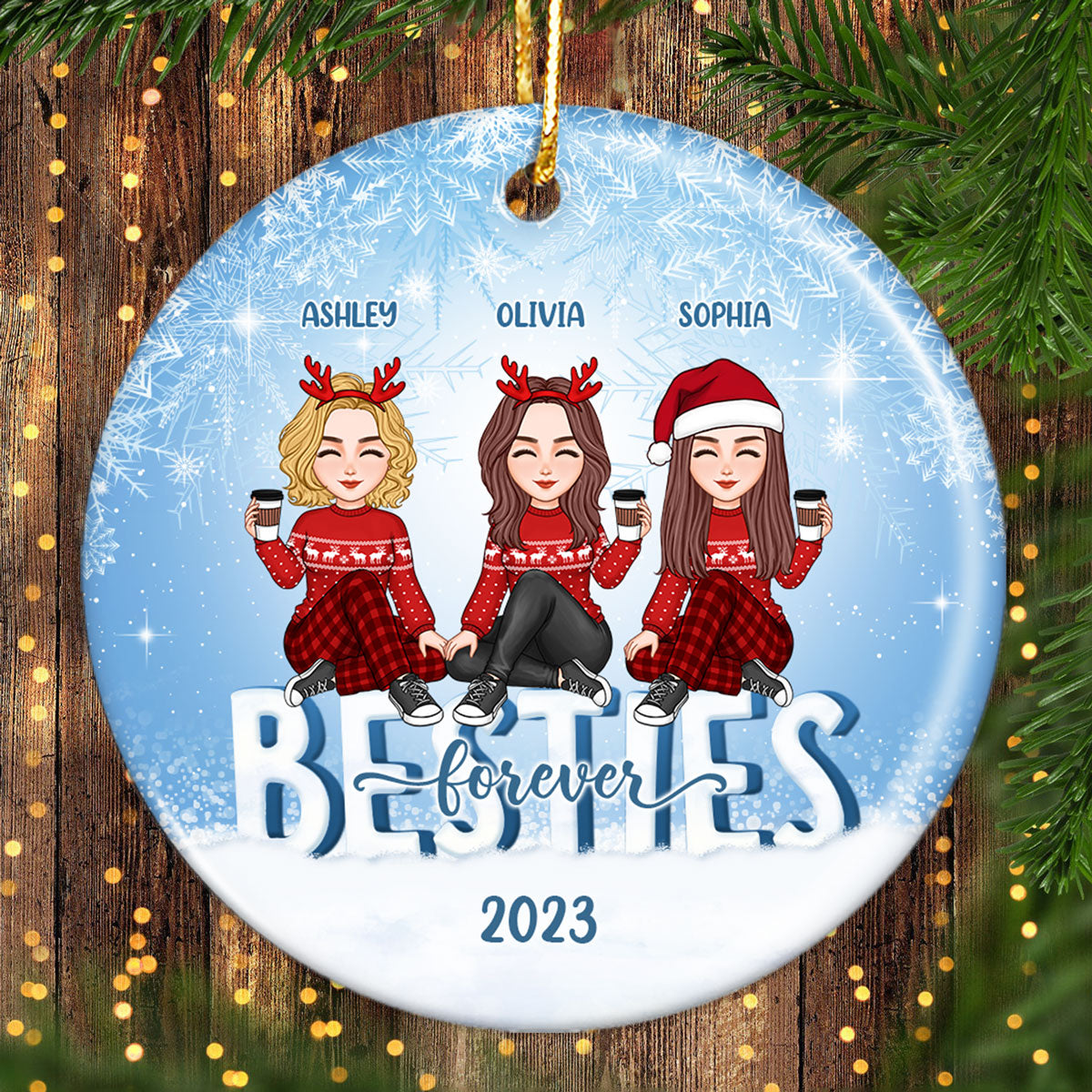 Cute Besties Sisters Sitting On Iced Text Personalized Circle Ornament