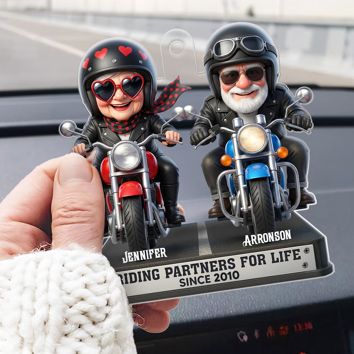 Old Biker Couple Riding Partners for Life - Personalized Acrylic Car Hanger - Sentimental Gift for her, for him