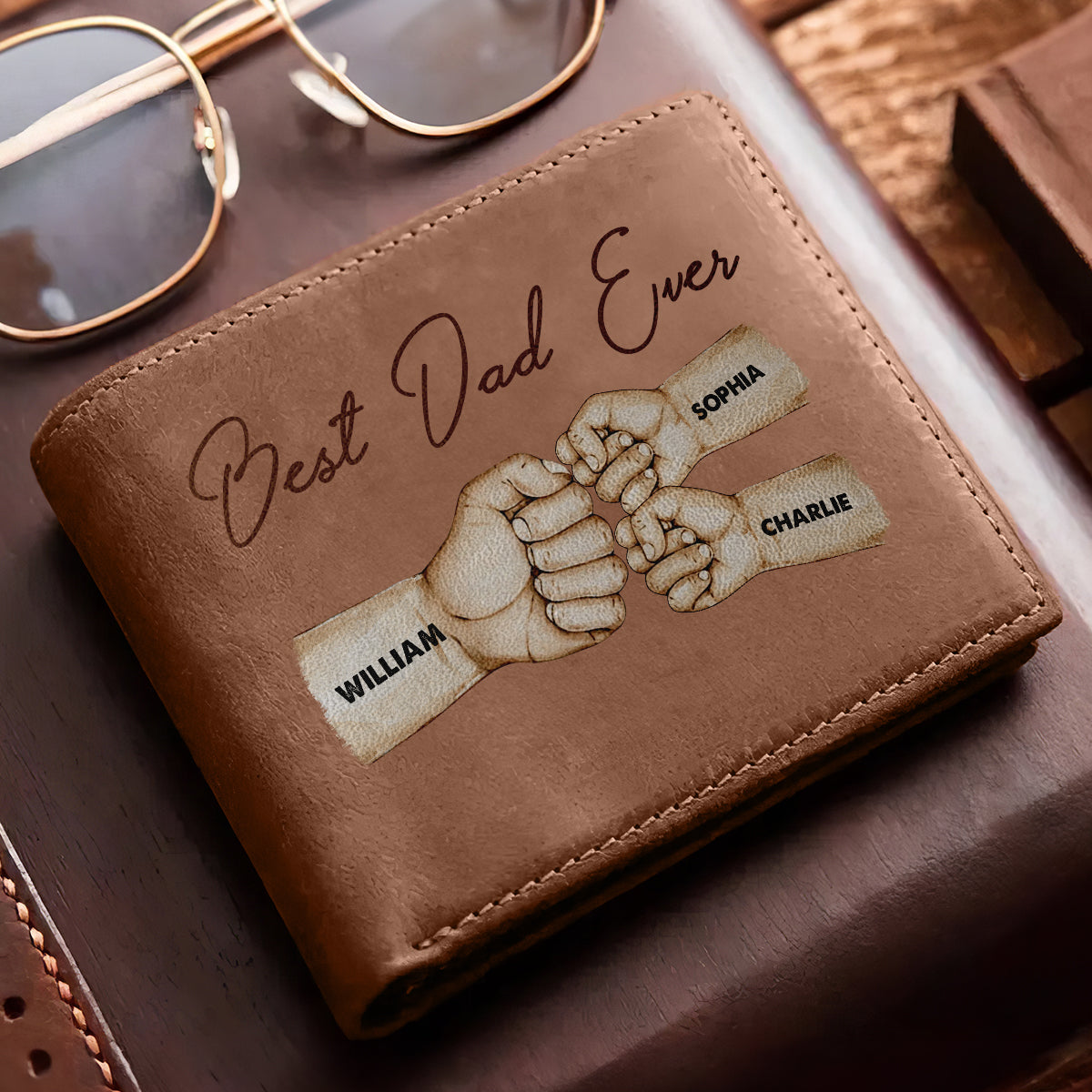 Daddy‘s Team Fist Bump Best Dad Ever Personalized Printed Leather Wallet, Gift For Husband, Dad