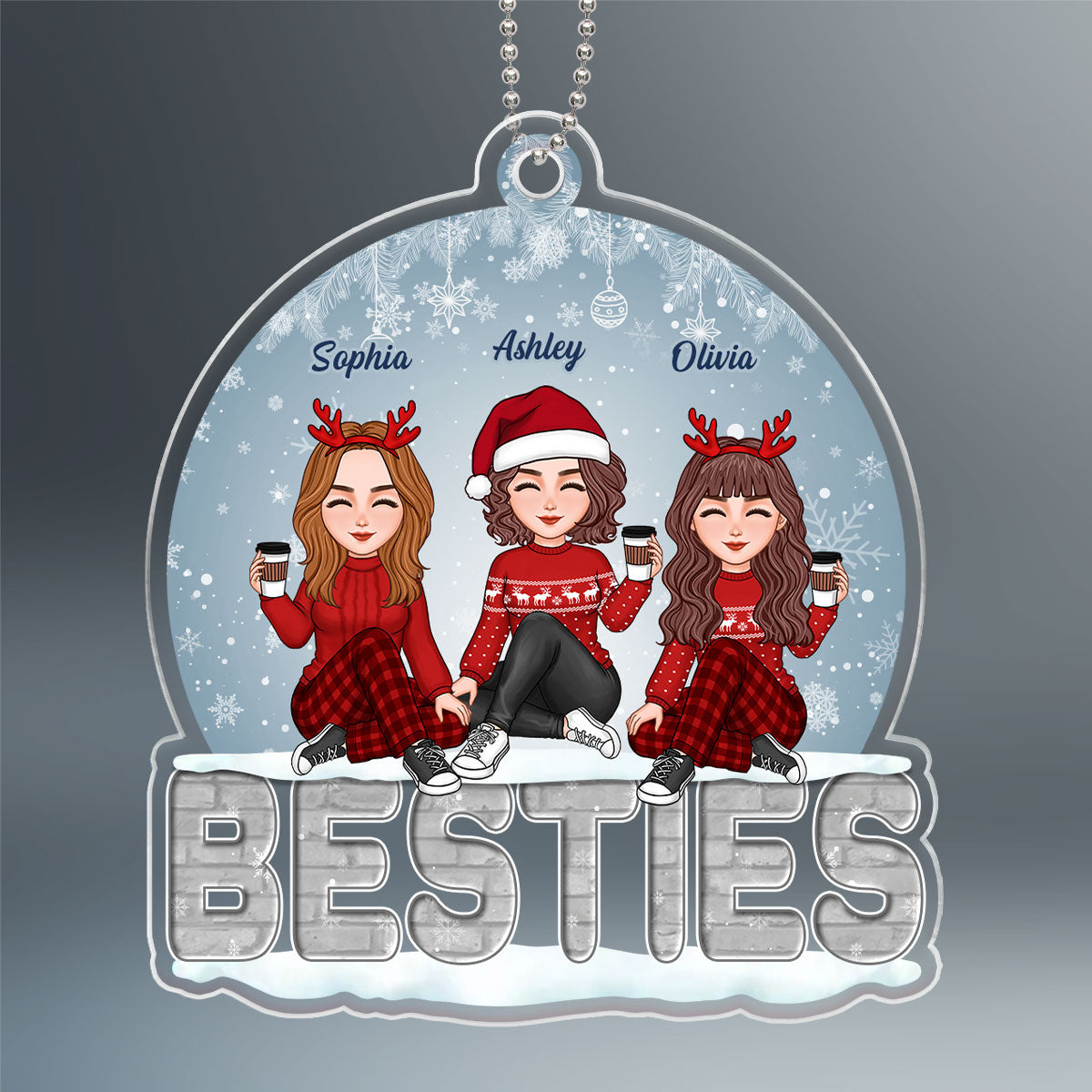 Sisters Besties Sitting On Brick Snow Globe Personalized Acrylic Ornament