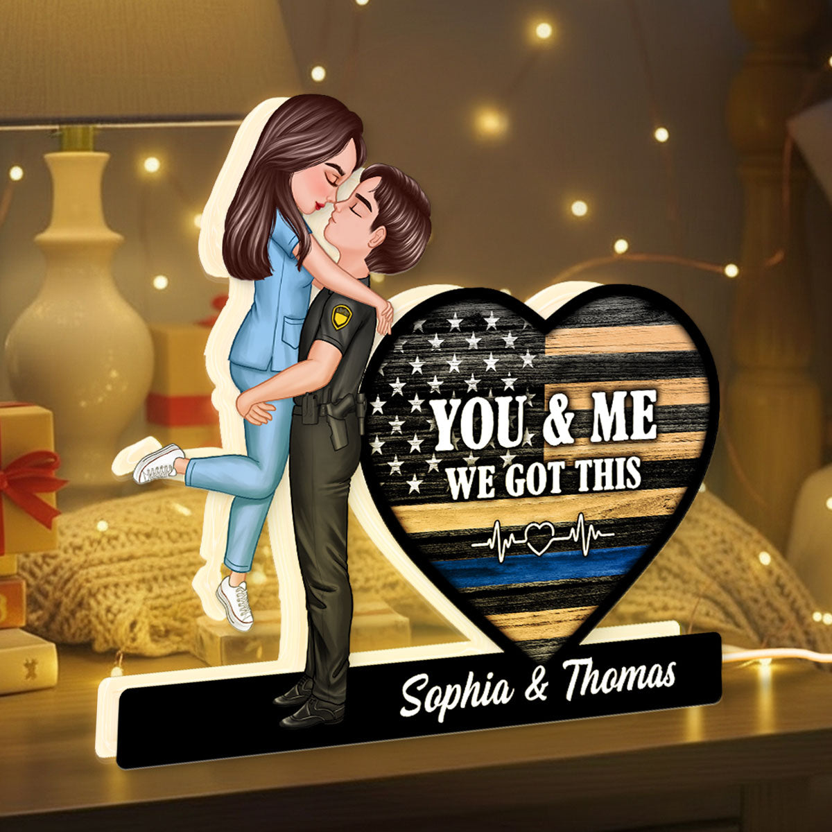 Hero Couple Kissing You & Me We Got This Job Occupation Flag Heart - Personalized Light Box
