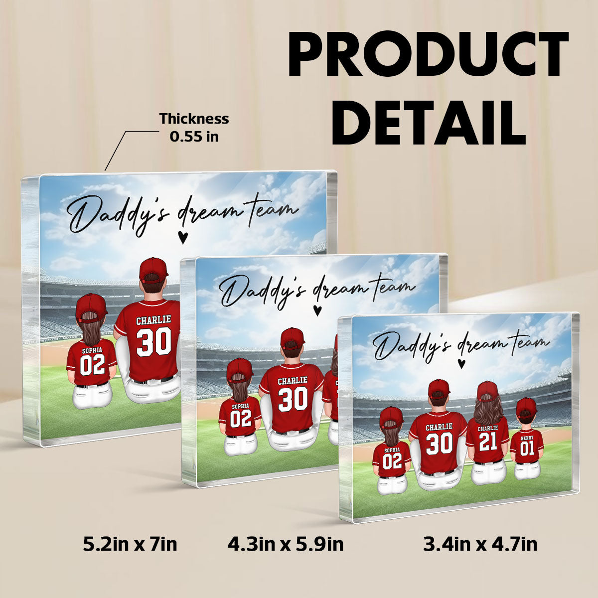 Daddy's Team Baseball Family Sitting Personalized Acrylic Block, Unique Father's Day Gift for Dad, Gift for Husband