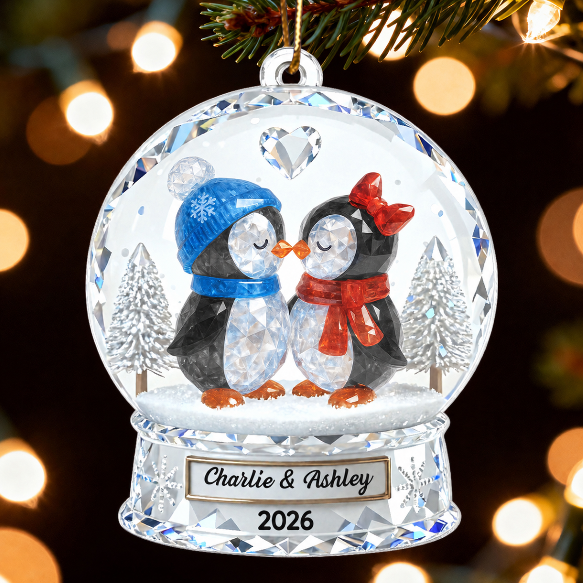Penguin Couple 3D Crystal Effect - Personalized Acrylic Ornament - Christmas Gift for him, Gift for her