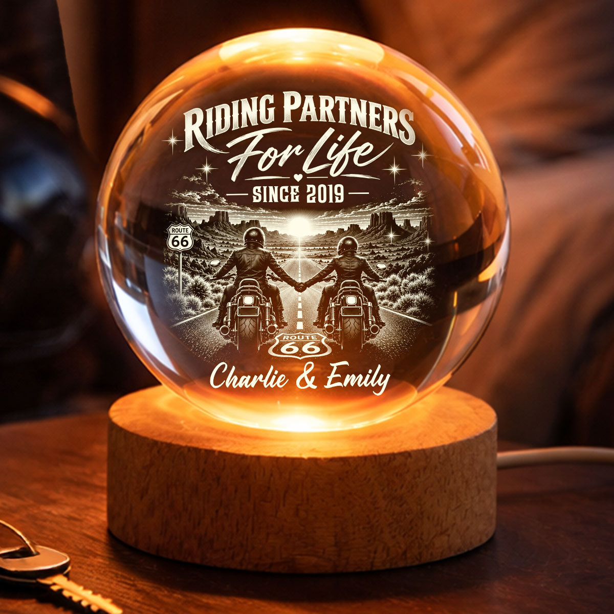Biker Couple Riding Partners For Life - Personalized Crystal Ball LED Night Light - Christmas Gift For Biker Couple, For Him, For Her, For Husband, For Wife