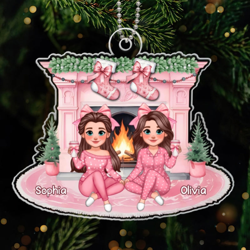 Christmas Coquette Besties Stocking On Pink Fireplace Personalized Acrylic Ornament