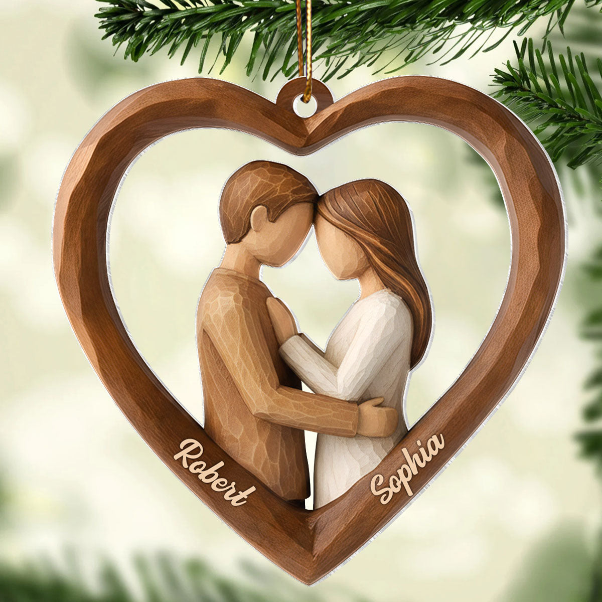 Couple Heart Love 3D Wooden Effect - Personalized Acrylic Ornament - Christmas Gift for Couples