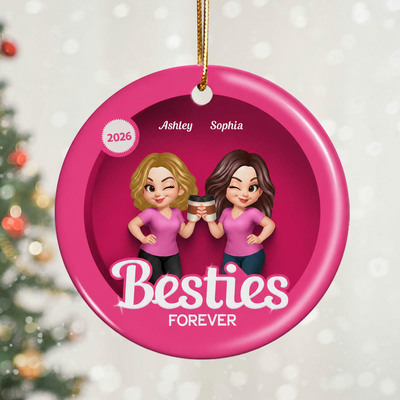 Besties Sisters 3D Effect Pink Toy Box Personalized Circle Ceramic Ornament, Gift for Besties, Best Friends