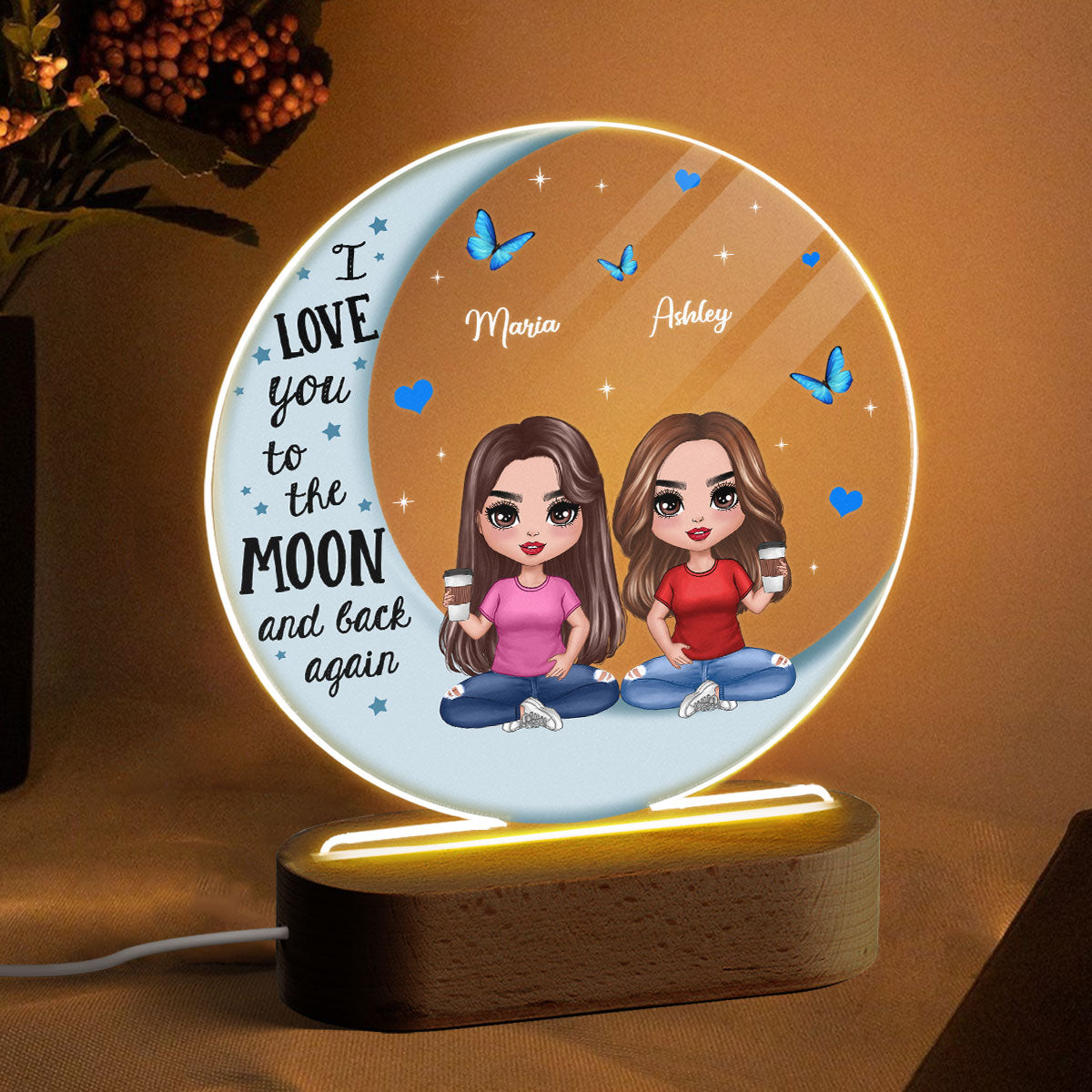 Best Friends Besties Blue Moon Personalized Circle LED Night Light Acrylic LED Lamp