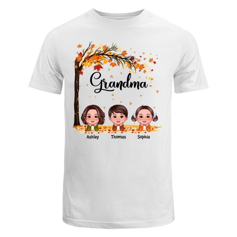 Fall Season Kids Laying On Leaves Grandma Mom Personalized Shirt