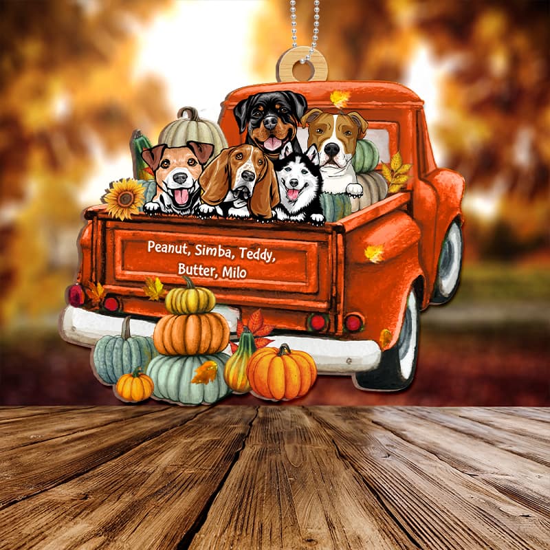 Fall Season Dogs Truck Pumpkin Personalized Wooden Ornament