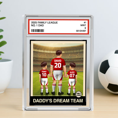 UK AU Football Daddy's Dream Team No. 1 Dad Man & Kids Trading Card Style Personalized Acrylic Block Plaque
