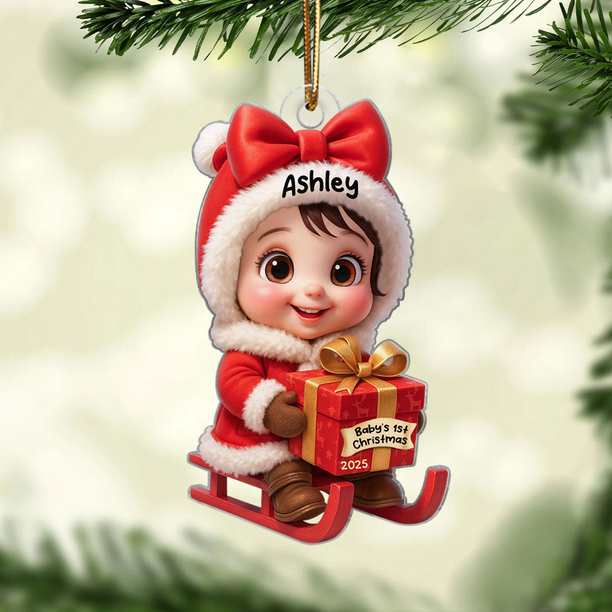 Baby Festive Cheer on a Sled Personalized Acrylic Christmas Ornament, 2025 Keepsake for Newborn