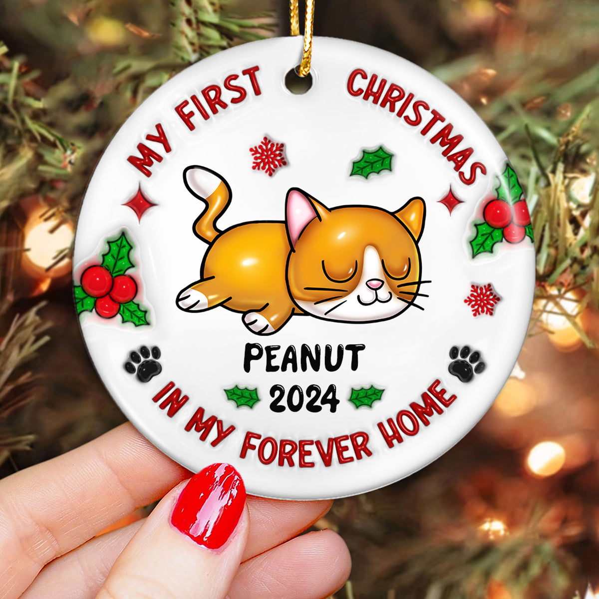 First Christmas In My Forever Home 3D Inflated Cat Lover Personalized Ceramic Ornament