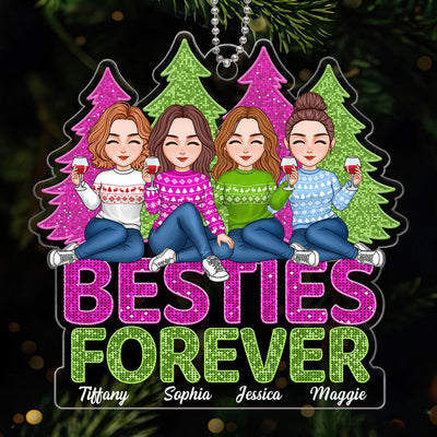 Pink And Green Sequins Texture Christmas Trees Besties Forever Personalized Acrylic Ornament