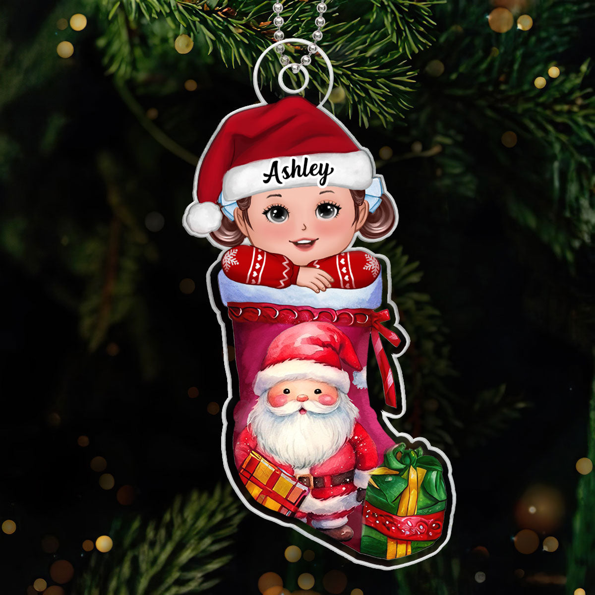 Cute Kid In Christmas Stocking Personalized Acrylic Ornament, Gift For Son, Daughter, Grandson, Granddaughter, Grandchildren